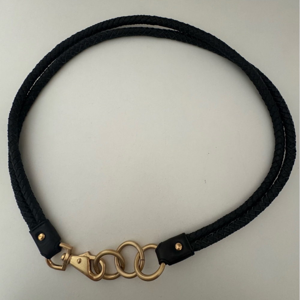 Anthropologie Black Leather Woven Braided Belt with Brass Gold Hardware Large